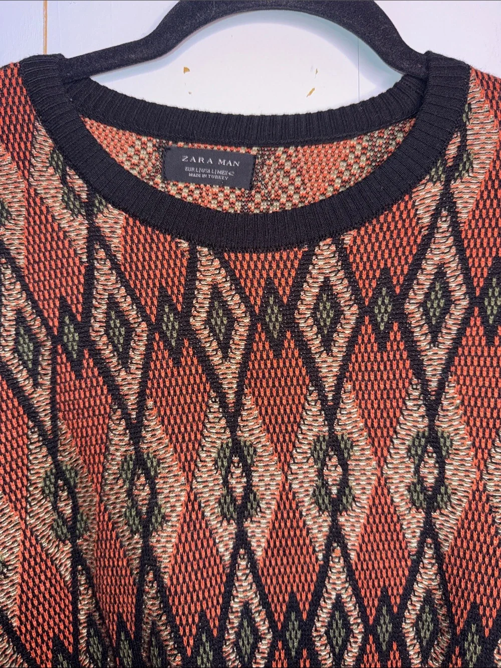 Zara Rust & Black Diamond-Pattern Crewneck Sweater